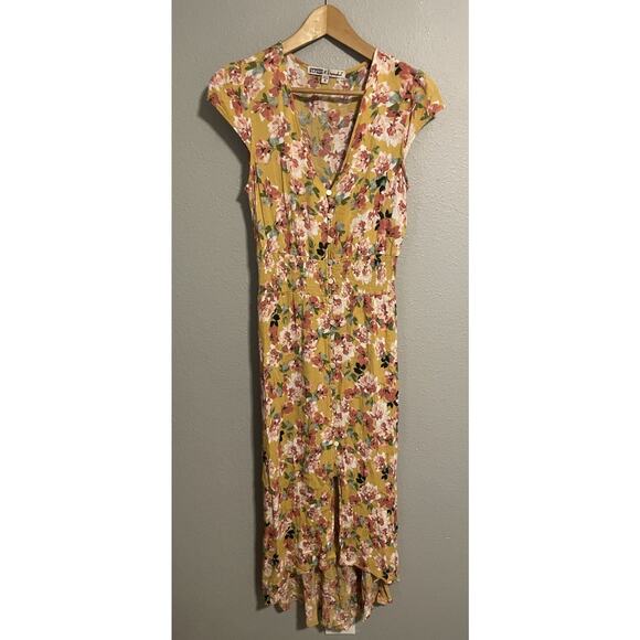 Gypsies And Moondust Womens Midi Dress Medium Yellow Floral Rayon Button Up Boho - Picture 1 of 8